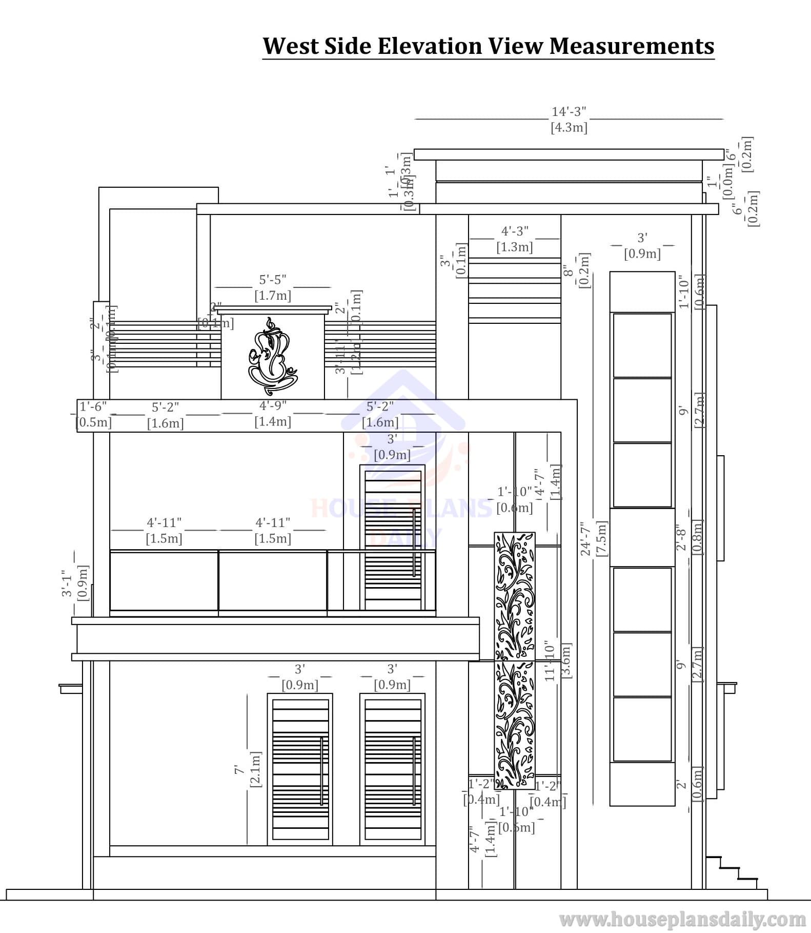 Modern Residential Blueprint 2D Layouts and South Side Elevation Dimensions