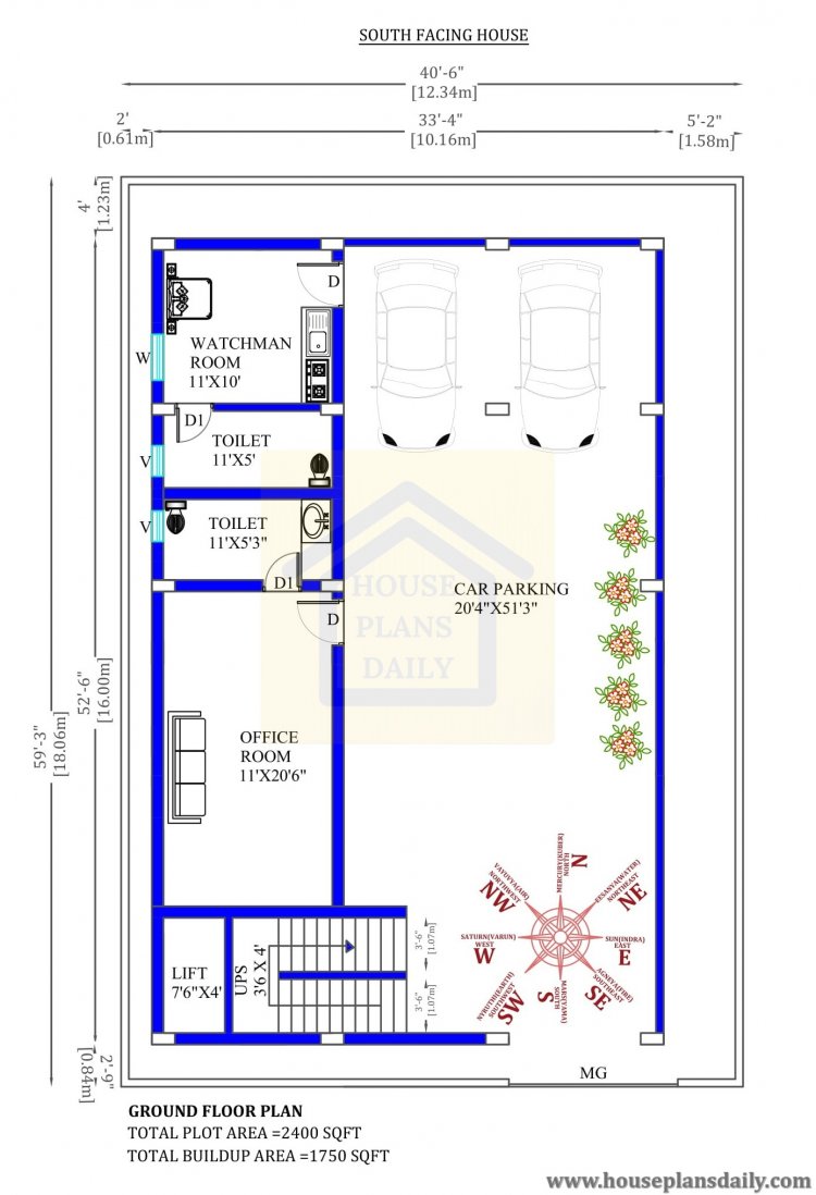 40 x 60 house plans south facing as per vastu