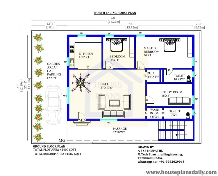 60x40  north facing house plans 