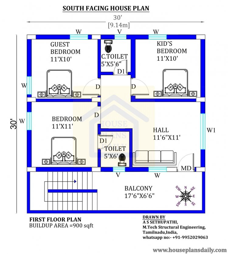 30x30 south face house plan