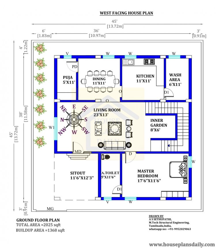 3 bhk duplex house plan west facing