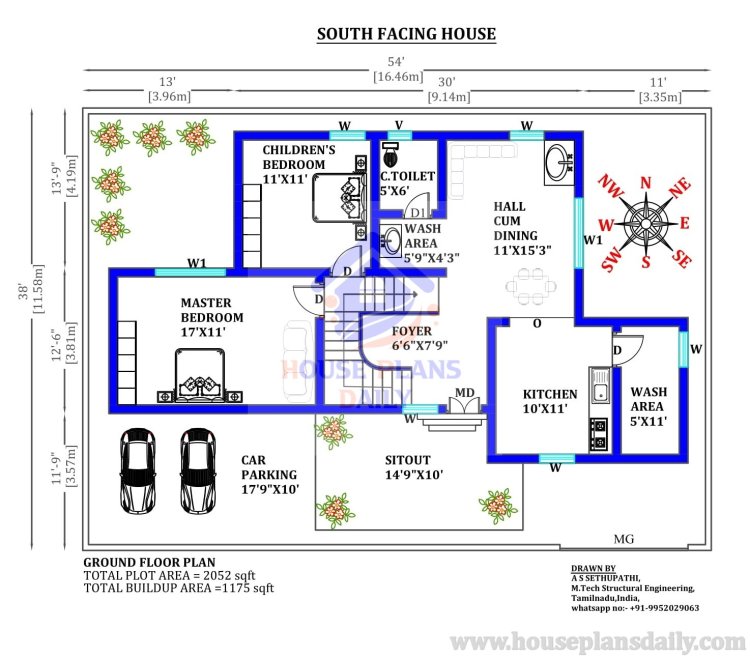 South Facing House Plan with Car Parking