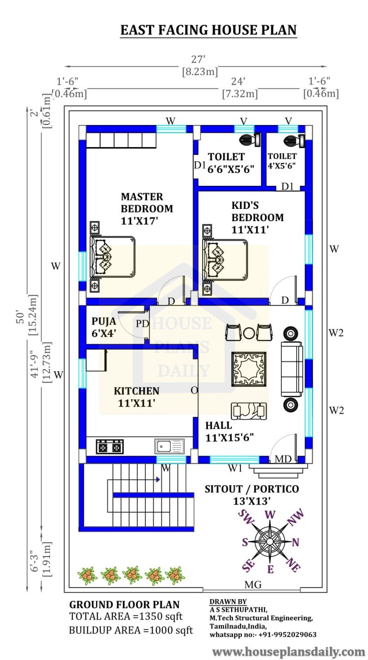 2bhk east facing house plan