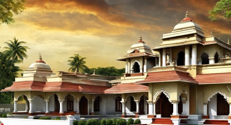 A beautiful Tamilnadu house design with a traditional verandah, unique architectural elements, and vibrant colors and patterns.
