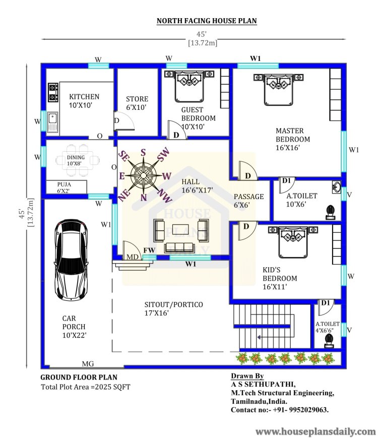 North facing 3bhk house plan