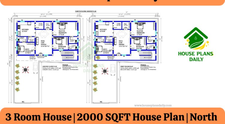 3 Room House | 2000 SQFT House Plan | North Facing House